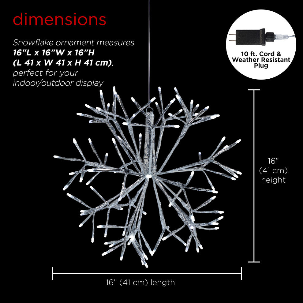 16"H Indoor Holiday 3D Snowflake Hanging Ornament with LED Lights, White