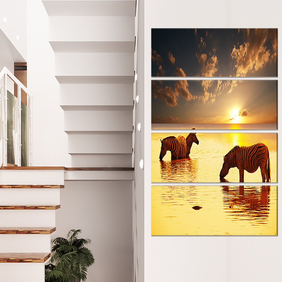 Zebras in Water At Sunset, African Canvas Art Print, 28"x48", 4 Panels