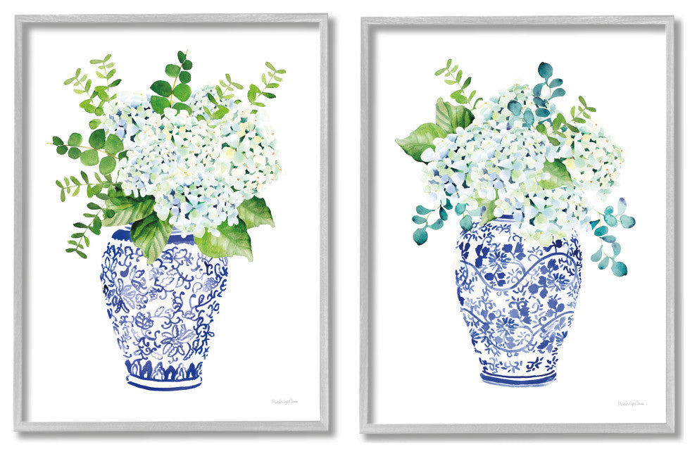 Blue Floral Bouquets Lush Green Botanicals Ornate Pot,2pc, each 24 x 30