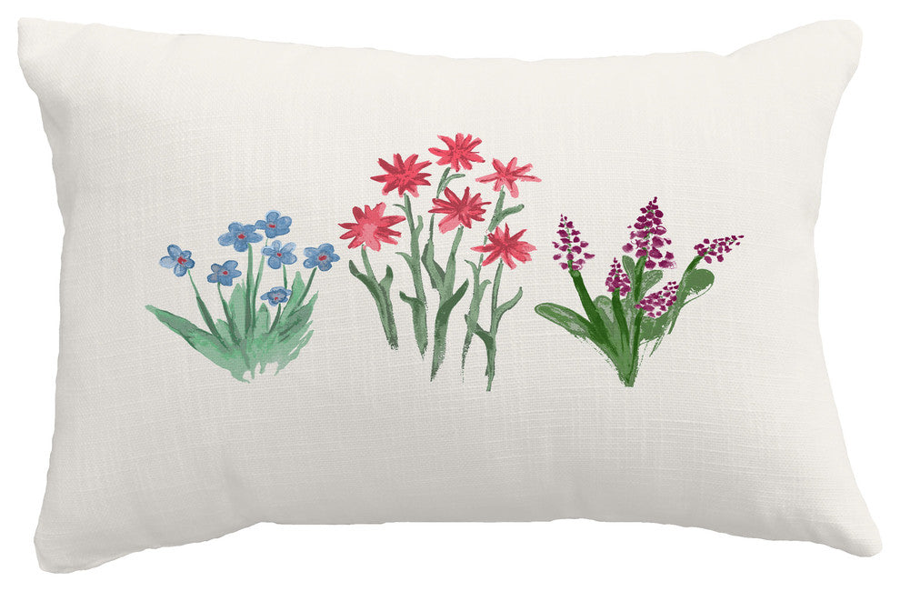Flower Trio Floral Print Throw Pillow With Linen Texture, Light Blue, 14"x20"