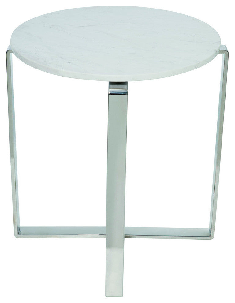 Rosa Side Table, Round Marble End Table, White Marble Top, Polished Steel Base