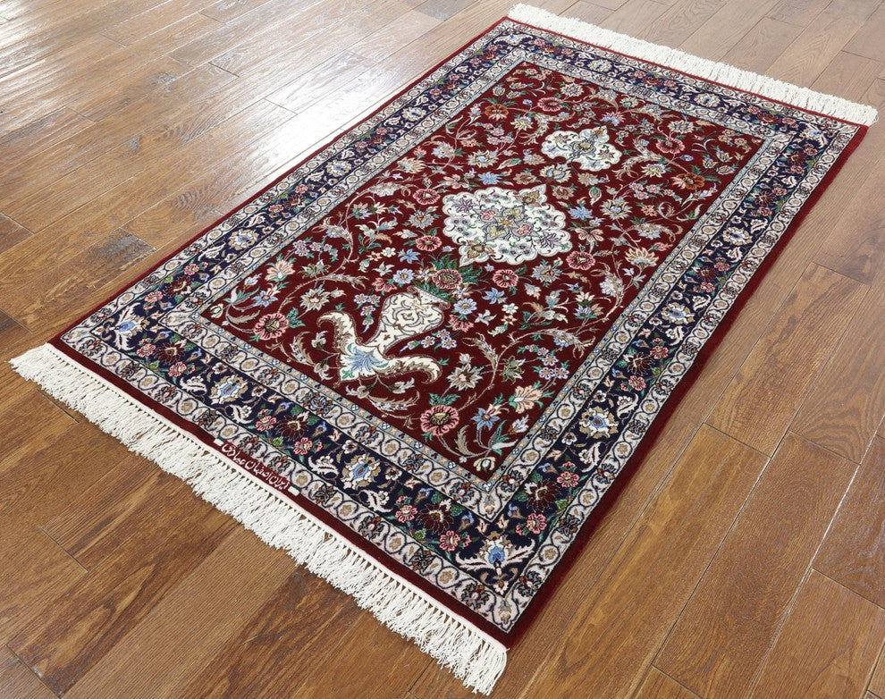 Authentic Persian Isfahan Signed Wool and Silk Hand Knotted Rug, 4'x5'