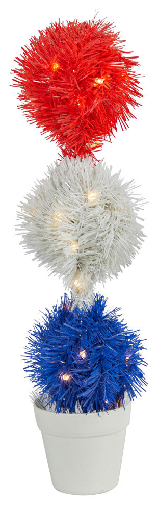 18" Red, White and Blue Americana Faux Topiary Plant With 35 Warm LED Lights