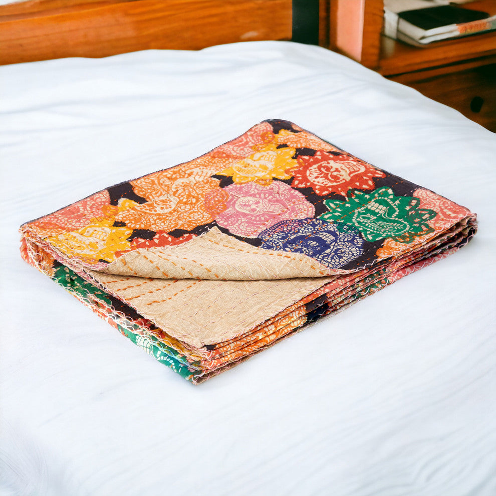 50" X 70" Black Green Red pink Cotton Patchwork Throw Blanket with Embroidery