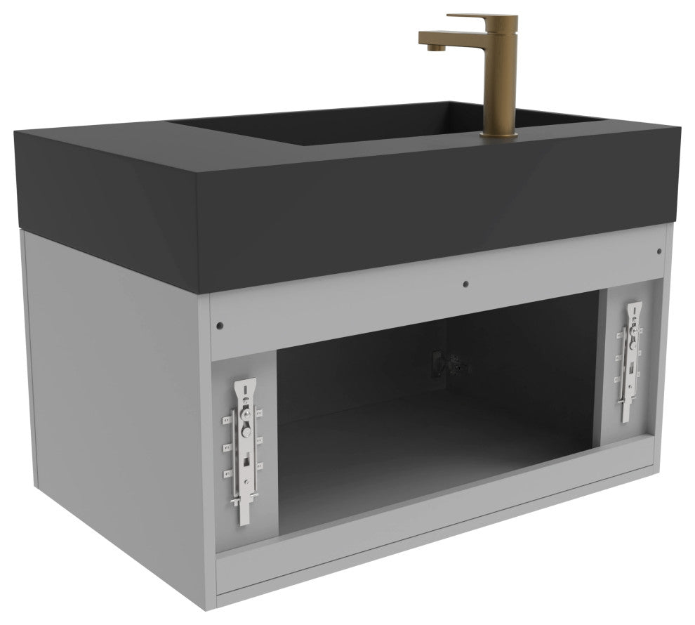 CastelloUSA Amazon 30" Left Wall Mounted Bathroom Vanity Set, Gray, Black Top, Gold Handles