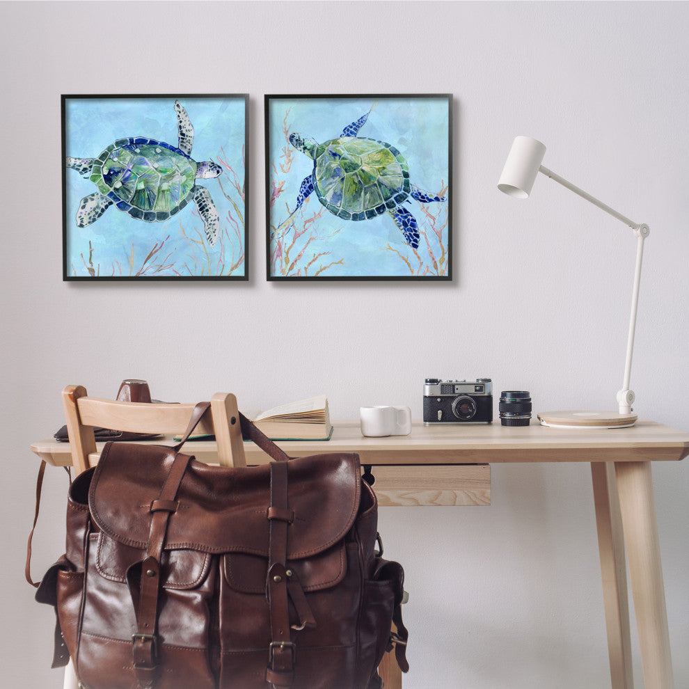 Abstract Blue Green Sea Turtles Deep Sea Coral,17 x 17