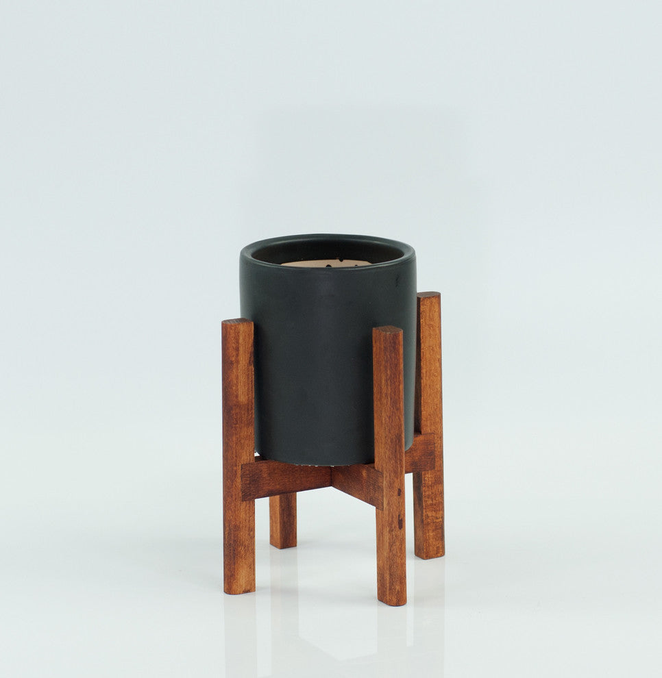 Modern Ceramic Cylinder Pot 5'' Black With Wood Plant Stand Walnut Color