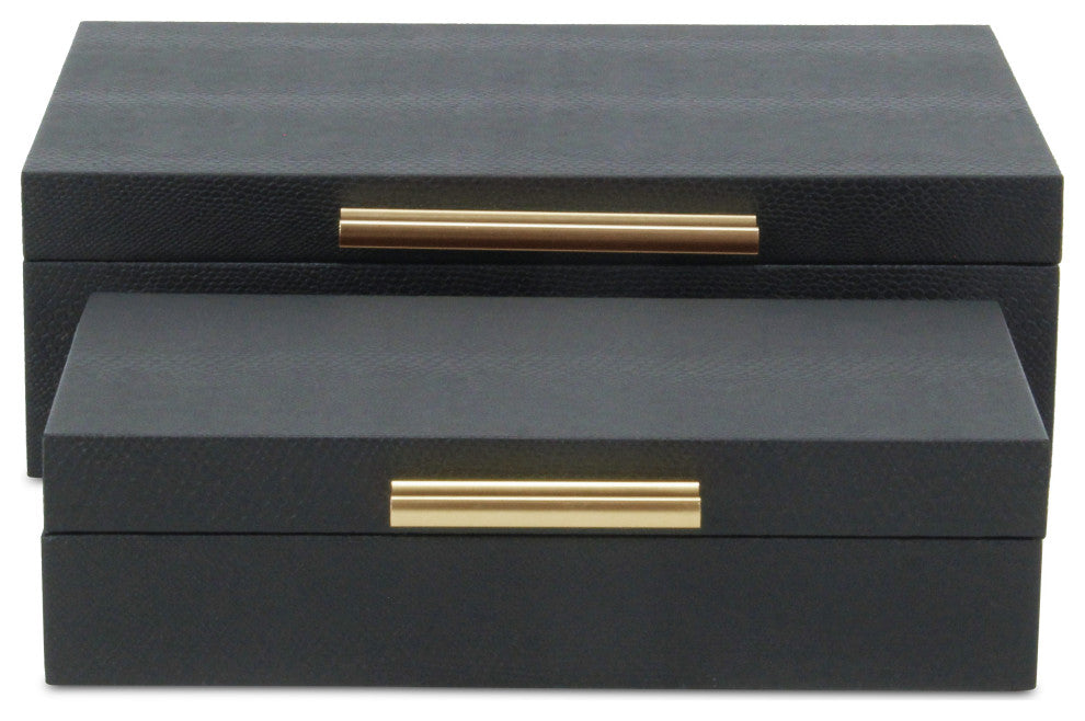 Lusan Rectangular Decorative Box Set, Black Faux Snakeskin