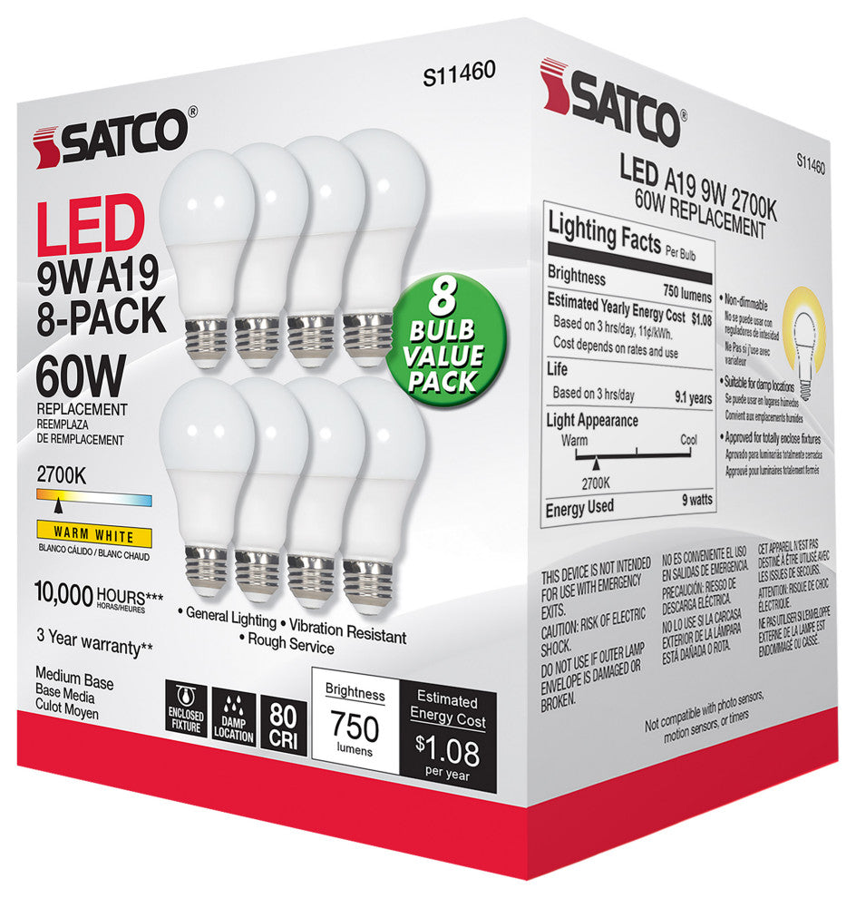 9W A19 LED, 2700K, Non-Dimmable, E26, 80 CRI, 8-Pack