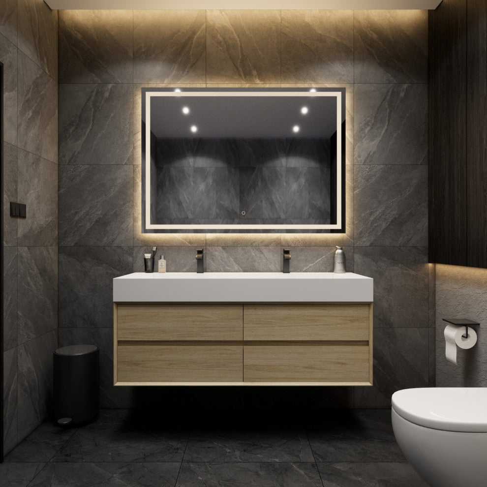 MAX 60" Double Floating Bath Vanity With Acrylic Sink, Coffee Wood