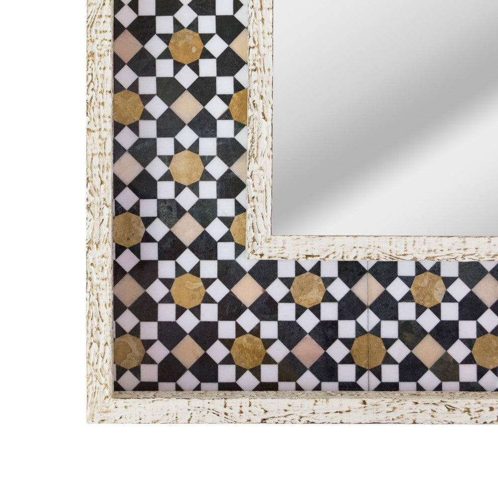 Geometric Tiled Print Distressed White Raised Lip Double Framed Accent Mirror