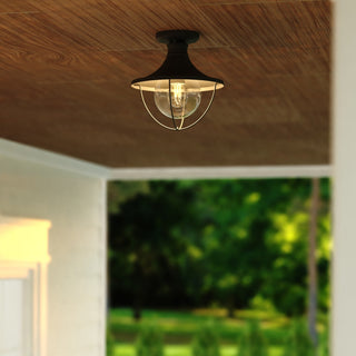 Dunlap Textured Black Coastal Outdoor Flush Mount Ceiling Light Clear Glass