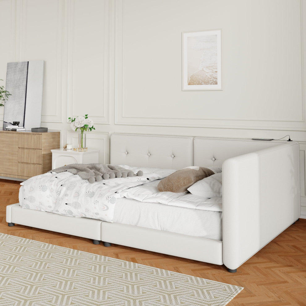 Gewnee Upholstered Queen Size platform bed with USB Ports, Beige