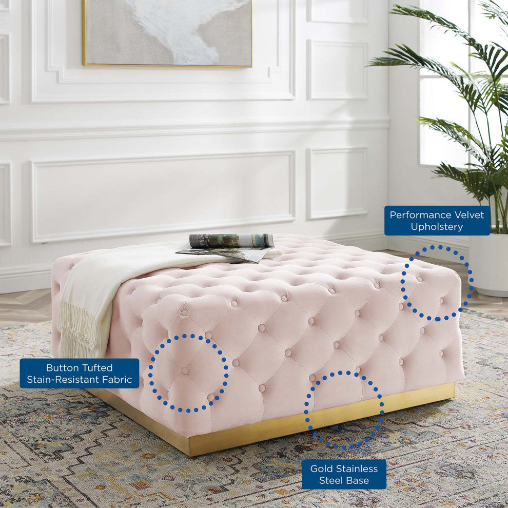 Tufted Accent Chair Ottoman, Square, Velvet, Pink, Modern, Lounge Hospitality
