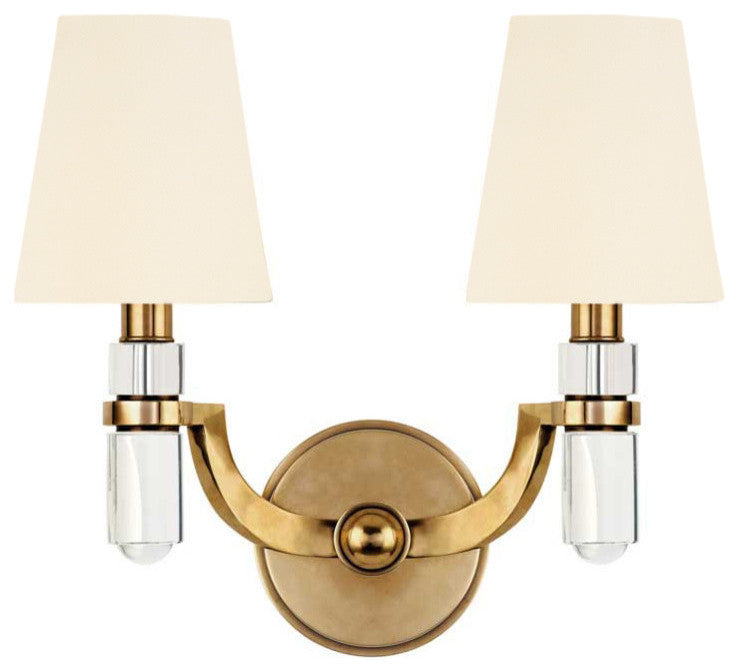 Dayton, Two Light Wall Sconce, Aged Brass Finish, White Faux Silk Shade