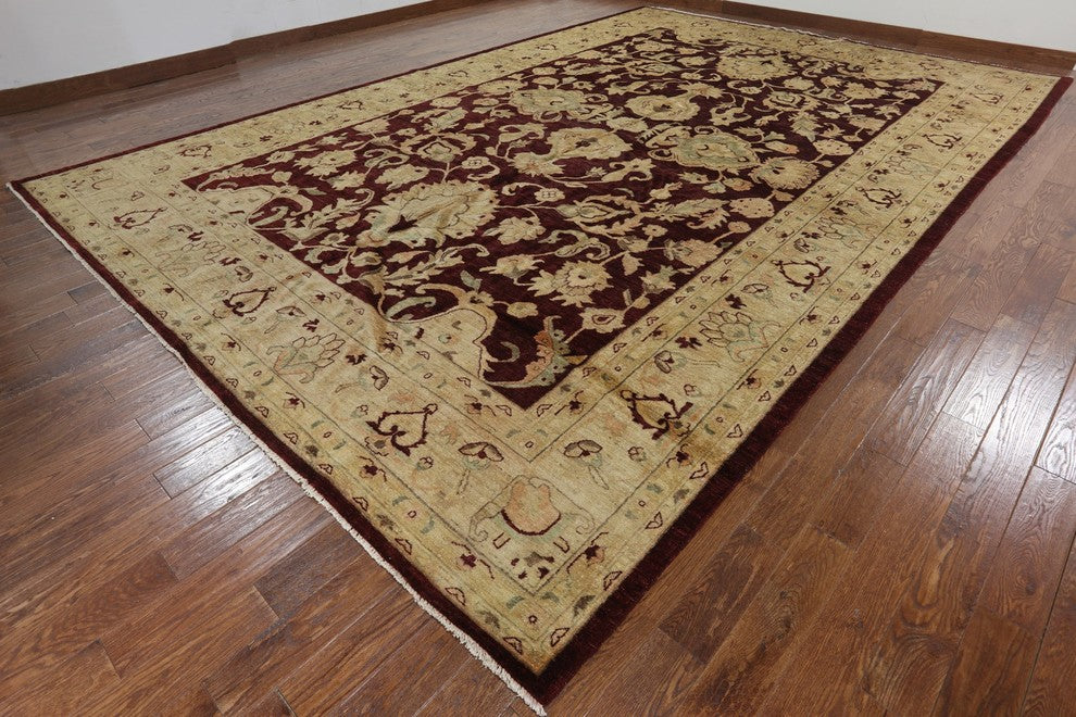 Palace Size Burgundy Peshawari Chobi Hand-Knotted Oushak Wool Rug, 12'x18'