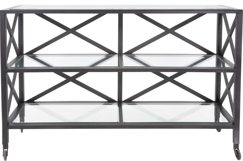Sleek Doshi Rolling Console With Glass Shelves
