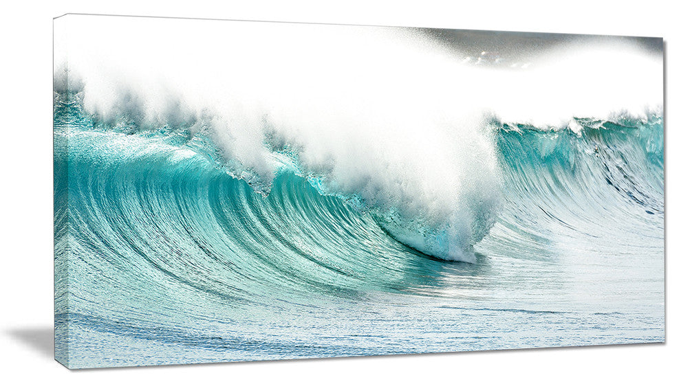 "Massive Blue Waves Breaking Beach" Seascape Wall Art, 1 Panel, 60"x28"