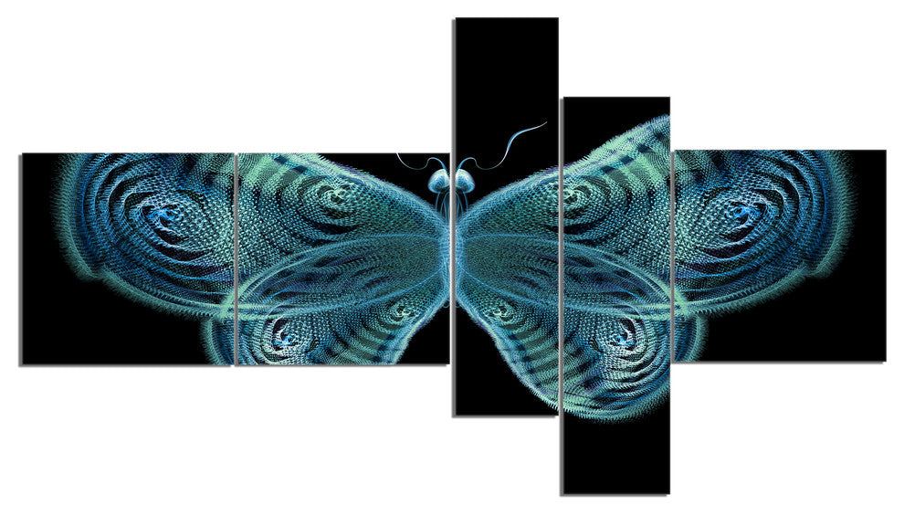 Light Blue Fractal Butterfly in Dark, Abstract Canvas Print, 60"x32", 5 panels