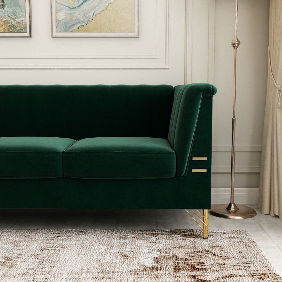 83.4'' Tuxedo Velvet Arm Sofa with Gold Leg, Green