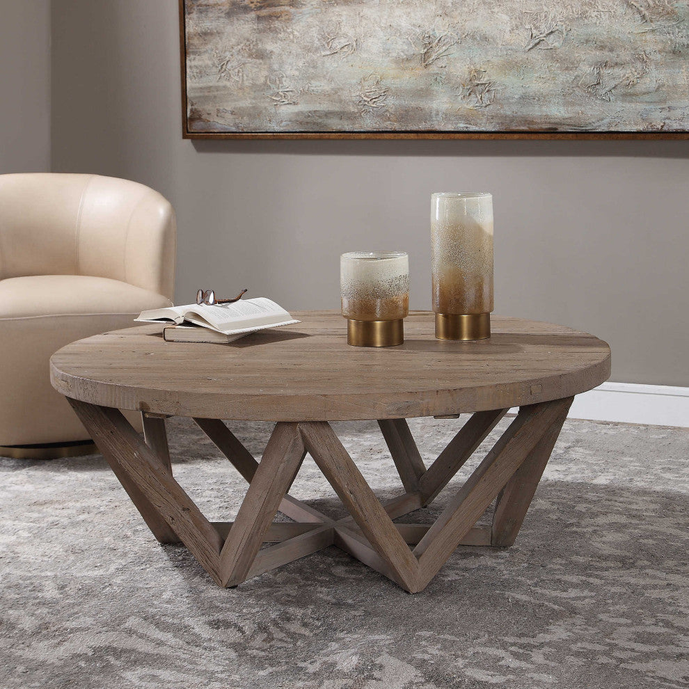 Luxe Rustic Geometric Reclaimed Wood  Coffee Table Round Zig Zag Open Triangle