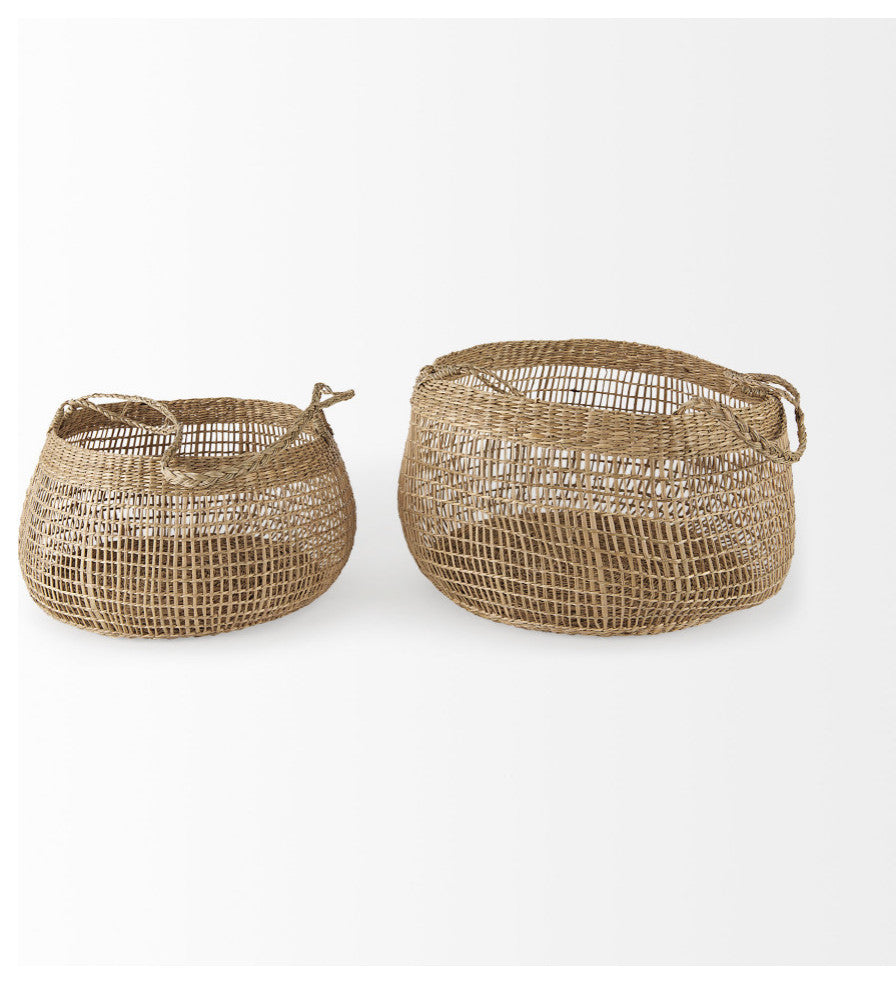 Nova Light Brown Seagrass Woven Round Baskets With Long Handles, 2-Piece Set
