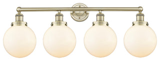 Large Beacon 4-Light 34" Vanity Light, Antique Brass Finish, Matte White Shade
