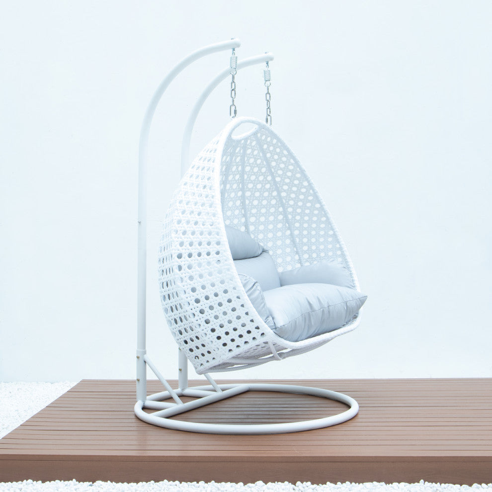 2 Person White Wicker Double Hanging Egg Swing Chair, Light Gray