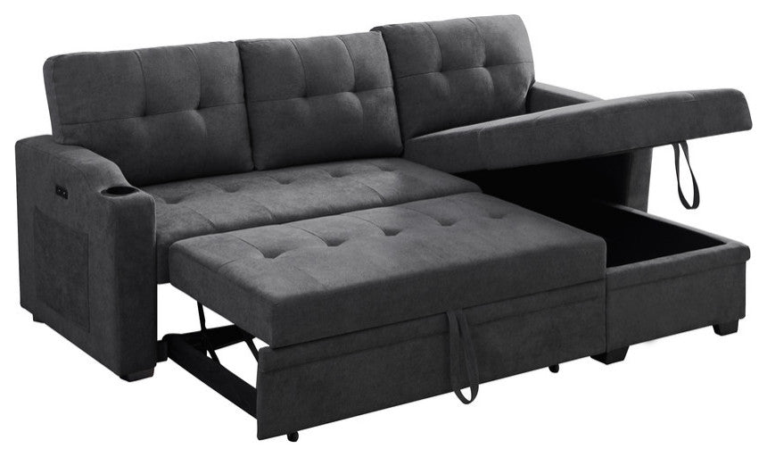 Mabel Fabric Sleeper Sectional With Cupholder, USB and Pocket, Dark Gray, Woven