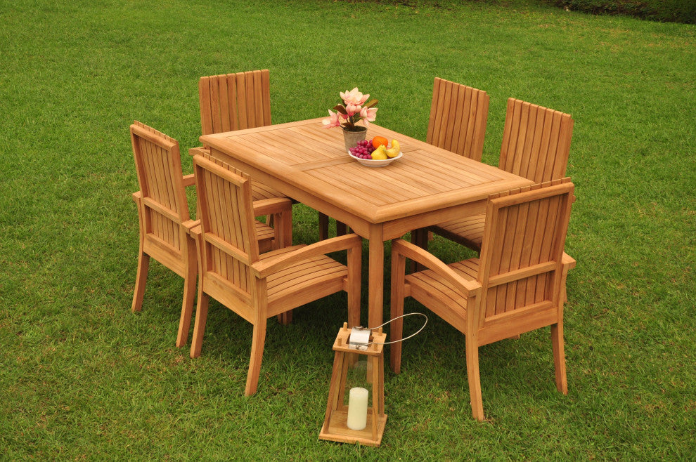 7-Piece Outdoor Teak Dining Set: 60" Rectangle Table,6 Goa Stacking Arm Chairs