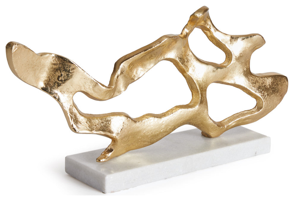 Wide Abstract Driftwood Shape Sculpture Coastal Modern White Marble Gold Metal