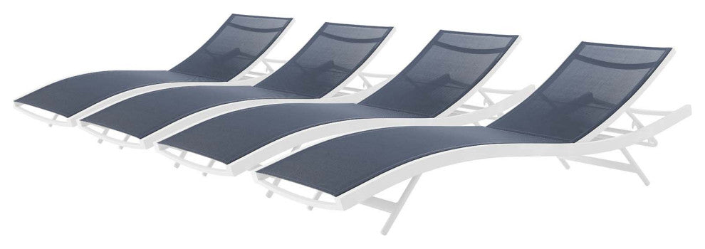 Lounge Chair Chaise, Set of 4, Aluminum, Metal, White Blue Navy, Modern, Outdoor