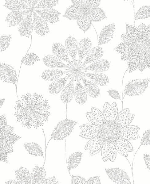 Intricate Bohemian Monochromatic Floral Wallpaper, Gray & White, Sample