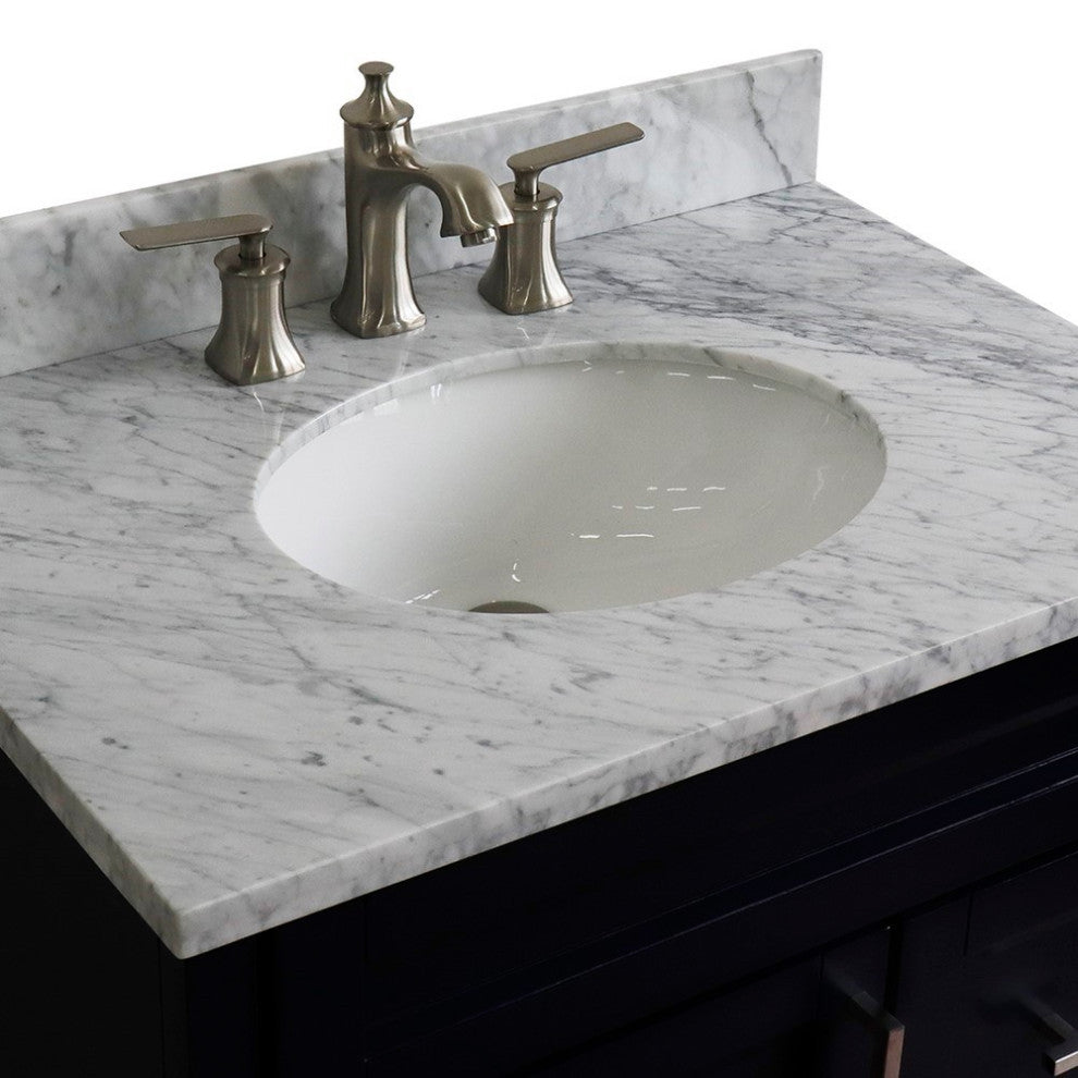 31" Single Sink Vanity, Blue Finish With White Carrara Marble With Oval Sink