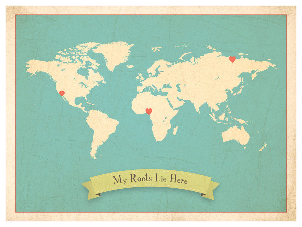 My Roots Personalized World Map in Blue 24"x18" Wall Art Poster