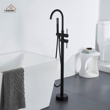 Freestanding Bathtub Faucet Hand Shower Floor-Mount High-arc Tub Faucet 2-Handle