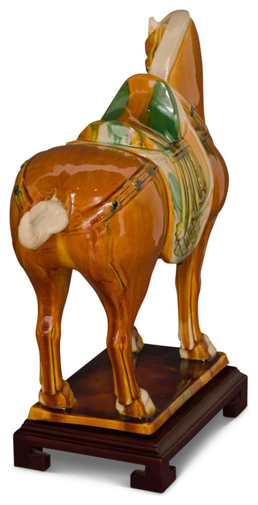 Tang Dynasty Tri-Color Glazed Ceramic Chinese Bay Horse Statue