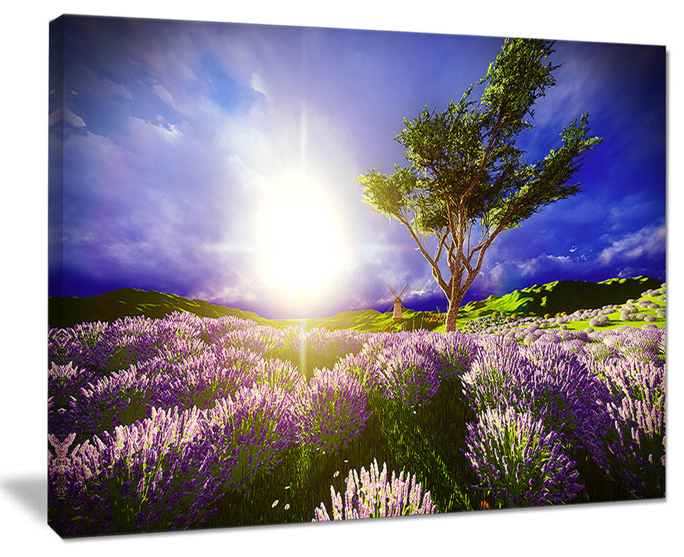 "Lavender Field Under Blue Sky" Modern Landscape Wall Art Canvas, 20"x12"