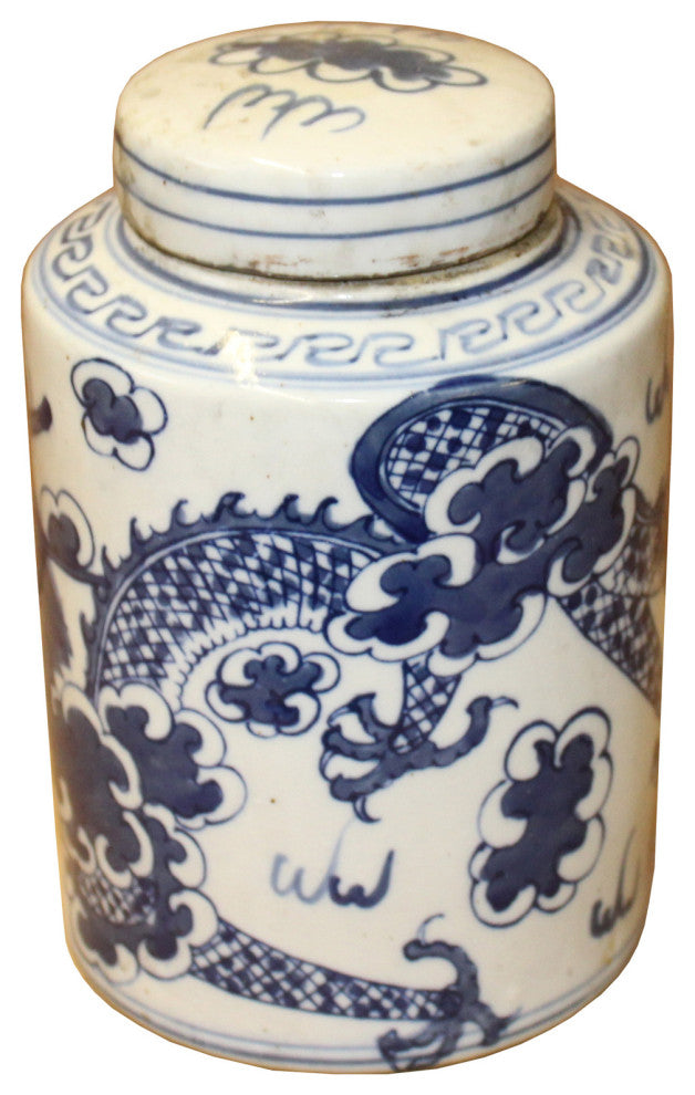 Chinese Blue White Ceramic Dragon Graphic Container Urn Jar Hws812