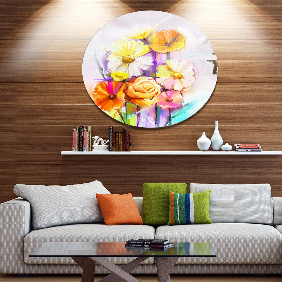 Yellow Pink Gerbera And Rose Bouquet, Floral Round Wall Art, 23"