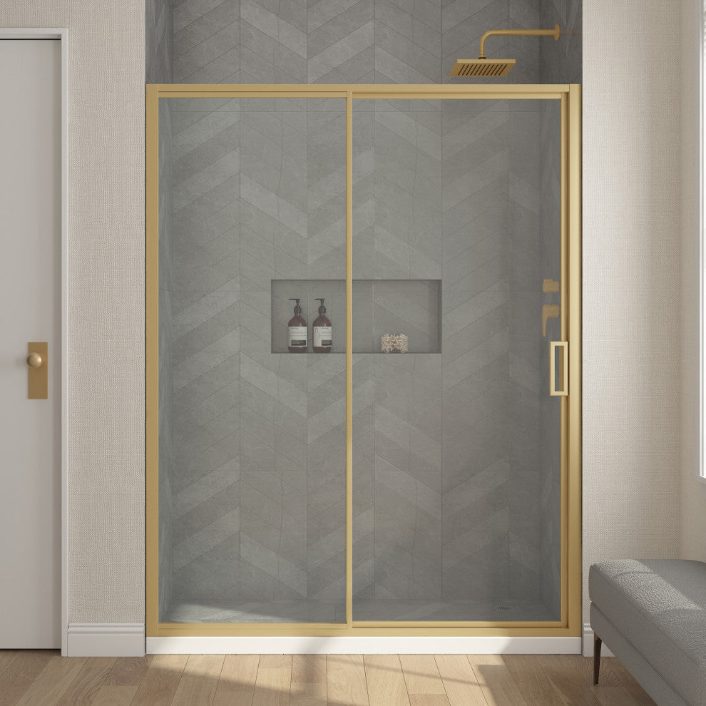 Stanford Sliding Fluted Alcove Shower Door, Brushed Gold, Clear Glass, 60"