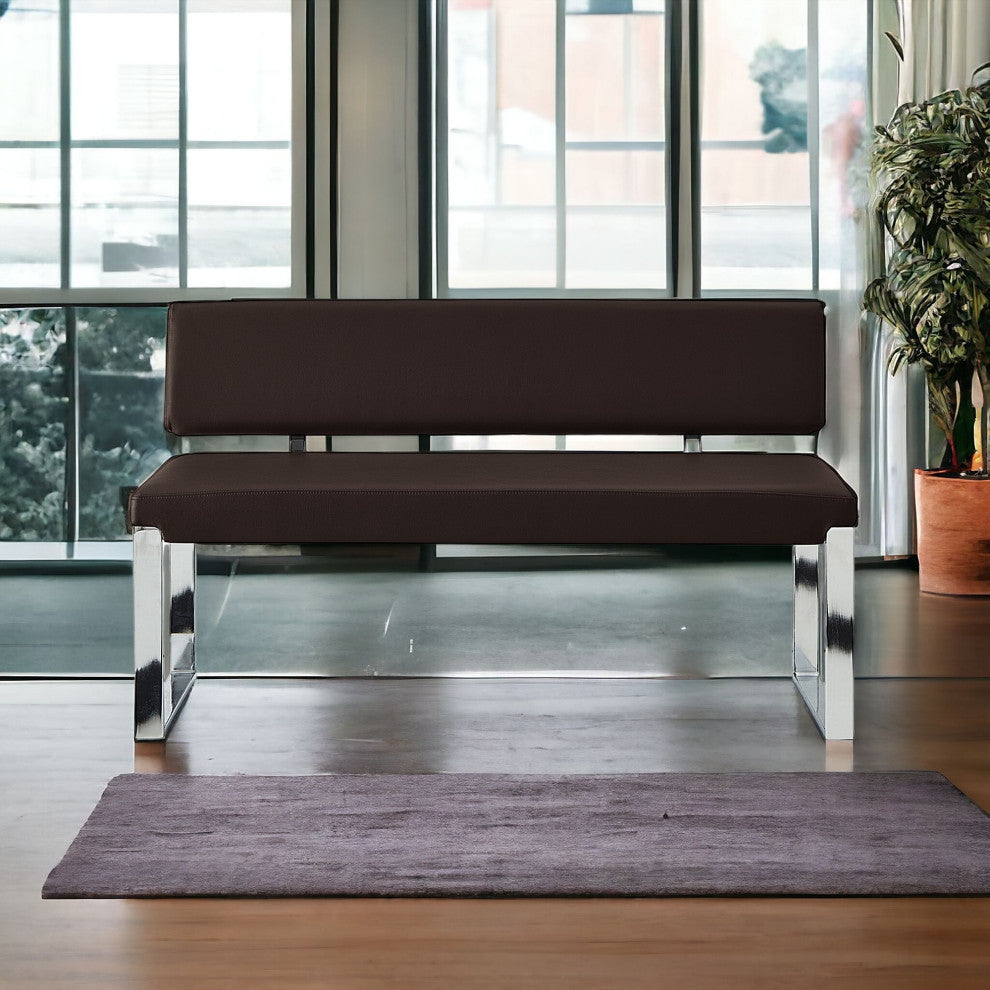 50" Brown and Silver Upholstered Faux Leather Bench