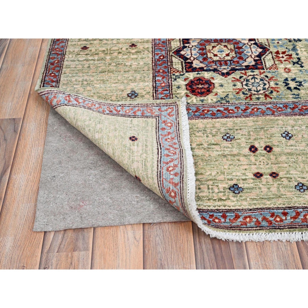 Green, Mamluk Design, Pure Wool, Hand Knotted, Oriental Rug, 8'x10'2"