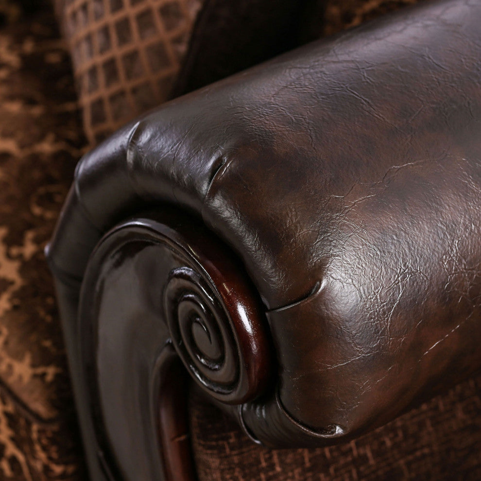 Chenille Loveseat with Intricate Wood Trim Design, Brown