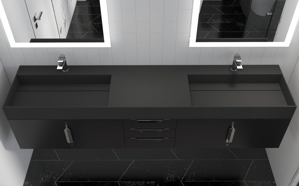 CastelloUSA Amazon 84" Wall Mounted Bathroom Vanity Set, Black, Black Top, Brushed Nickel