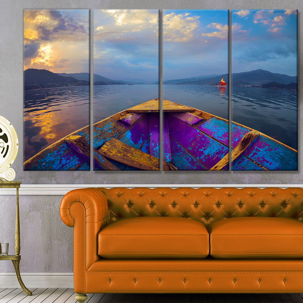 Boat in Himalaya Mountains Lake, Boat Canvas Art Print, 48"x28", 4 Panels