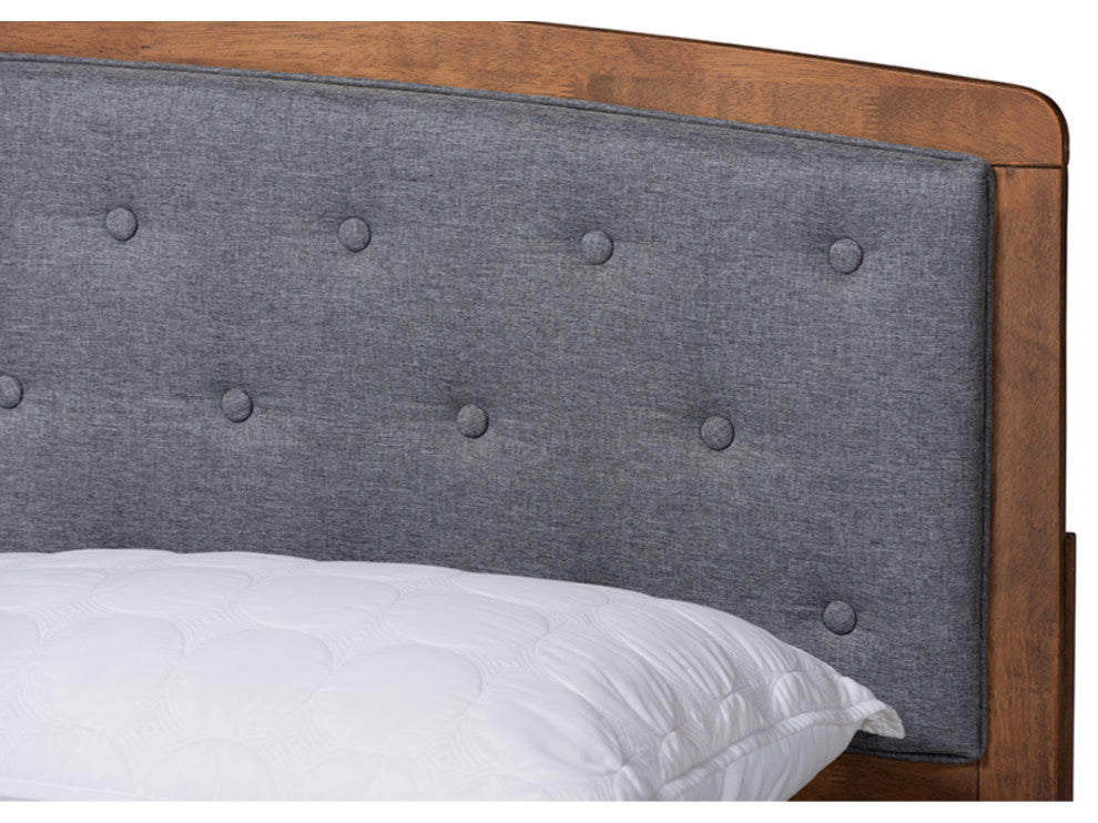 Gray Fabric Upholstered and Walnut Brown Finished Wood King Size Platform Bed