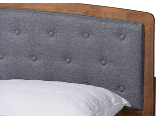 Gray Fabric Upholstered and Walnut Brown Finished Wood King Size Platform Bed