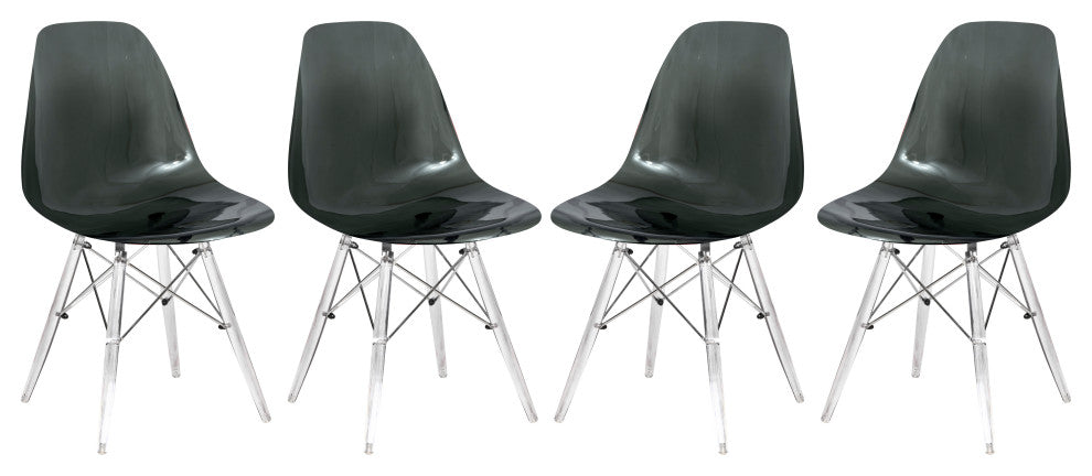 LeisureMod Dover Molded Side Chair With Acrylic Base, Set of 4 Transparent Black