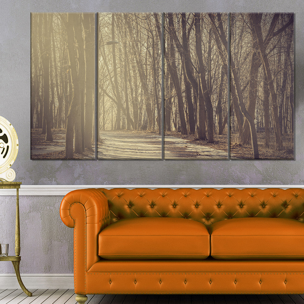 Path in the Foggy Fall Forest, Modern Forest Canvas Art, 48"x28", 4 Panels